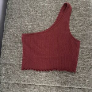 Spiritual Gangster One-Shoulder Crop Top in Maroon